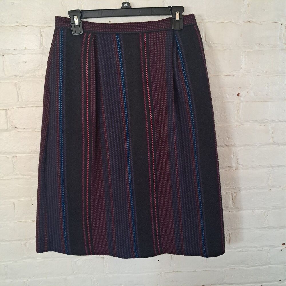Vintage wool Blend midi skirt Black vertical woven stripes Pink Blue Purple Sz14